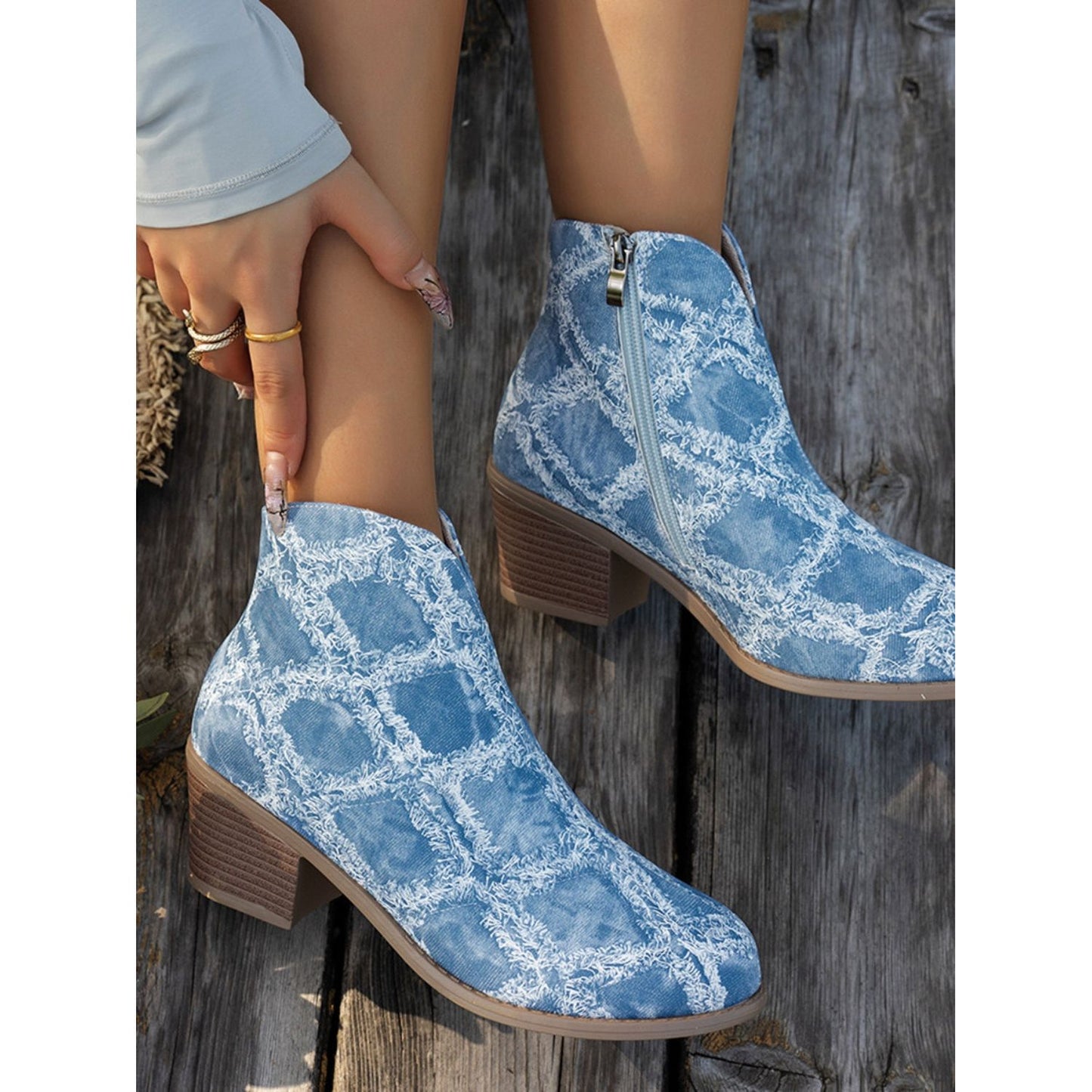 Printed Block Heel Boots with Side Zip