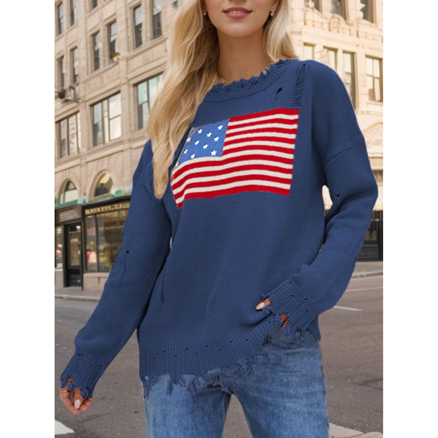 US Flag Distressed Round Neck Long Sleeve Sweater