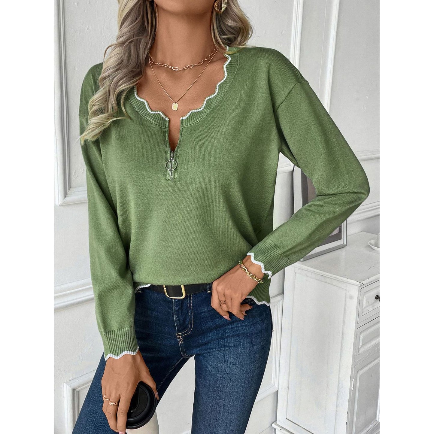 Contrast Trim Quarter Zip Long Sleeve Knit Top