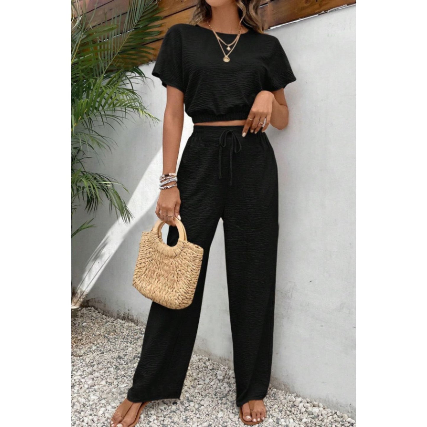 Round Neck Short Sleeve Top and Pants Set