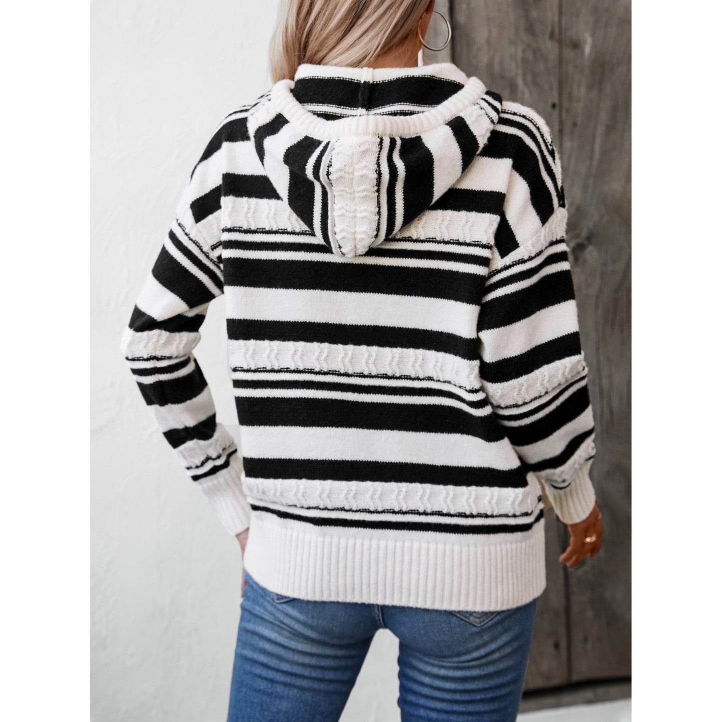 Drawstring Striped Long Sleeve Hooded Sweater