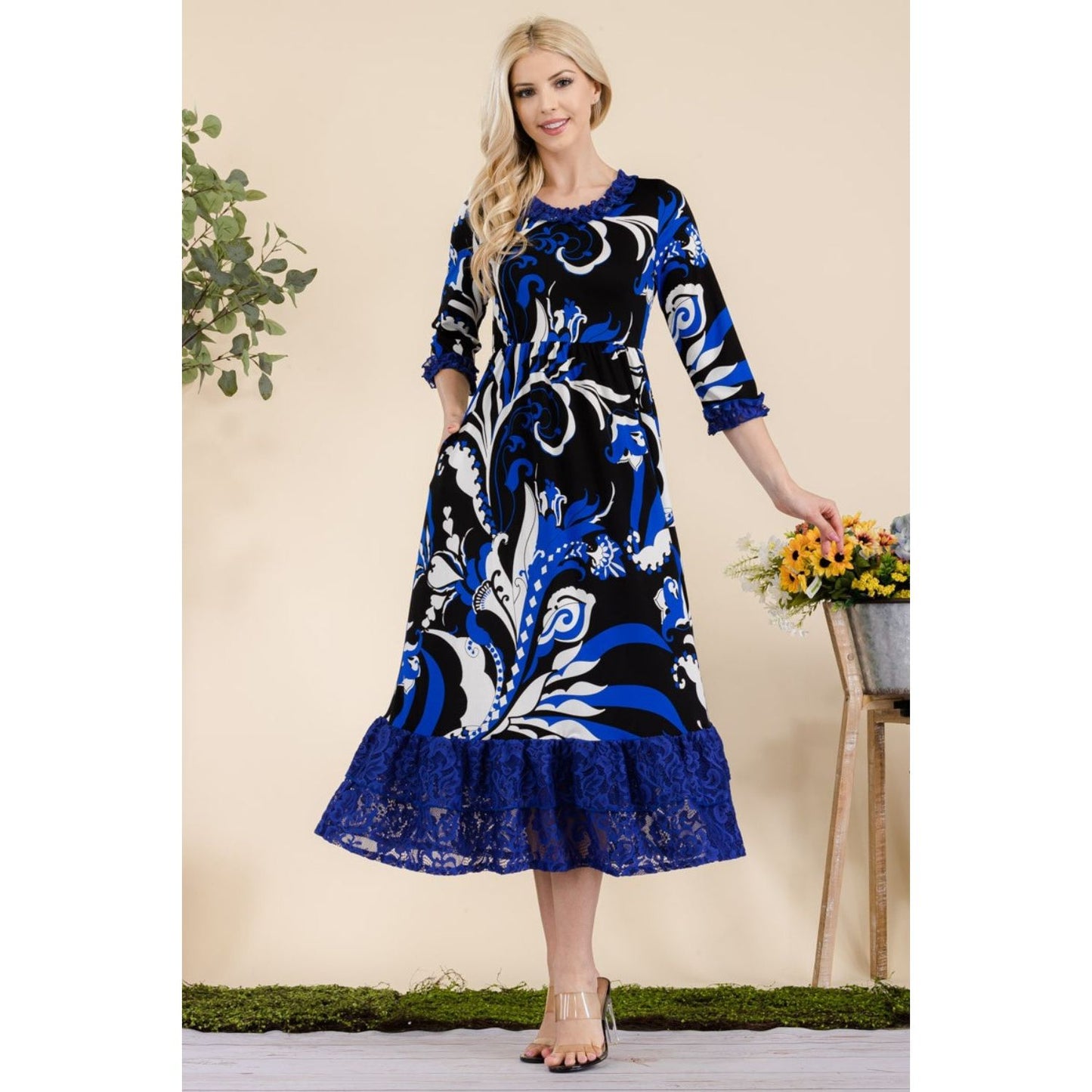 Celeste Full Size Paisley Print Lace Ruffled Midi Dress