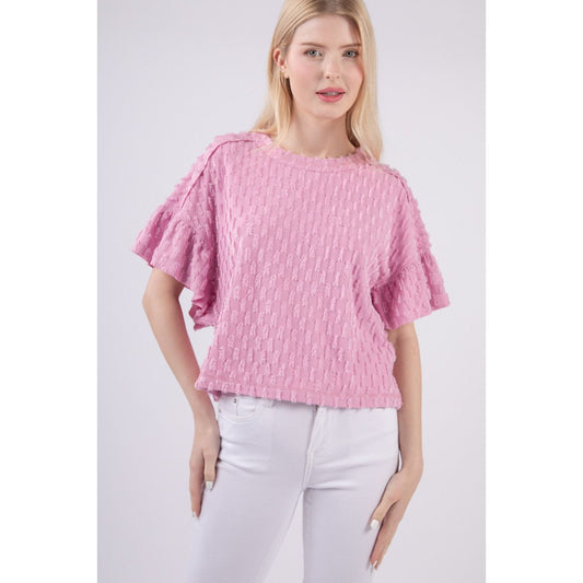 VERY J Full Size Texture Ruffle Short Sleeve Top