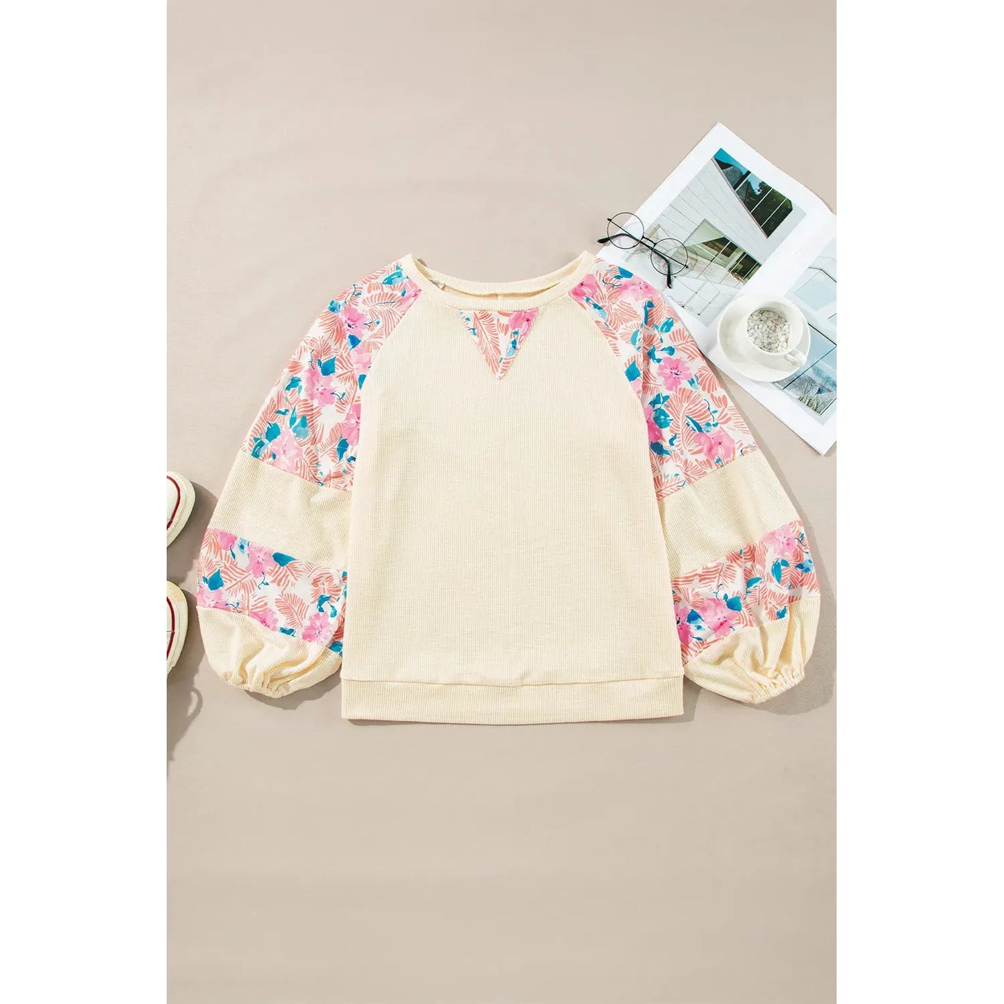 Printed Round Neck Balloon Sleeve Blouse