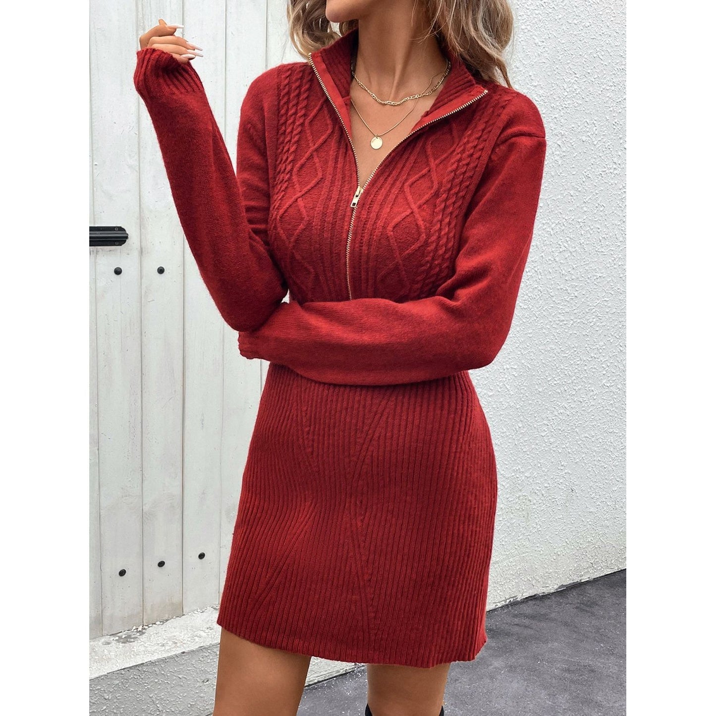 Perfee Cable-Knit Half Zip Long Sleeve Sweater Dress