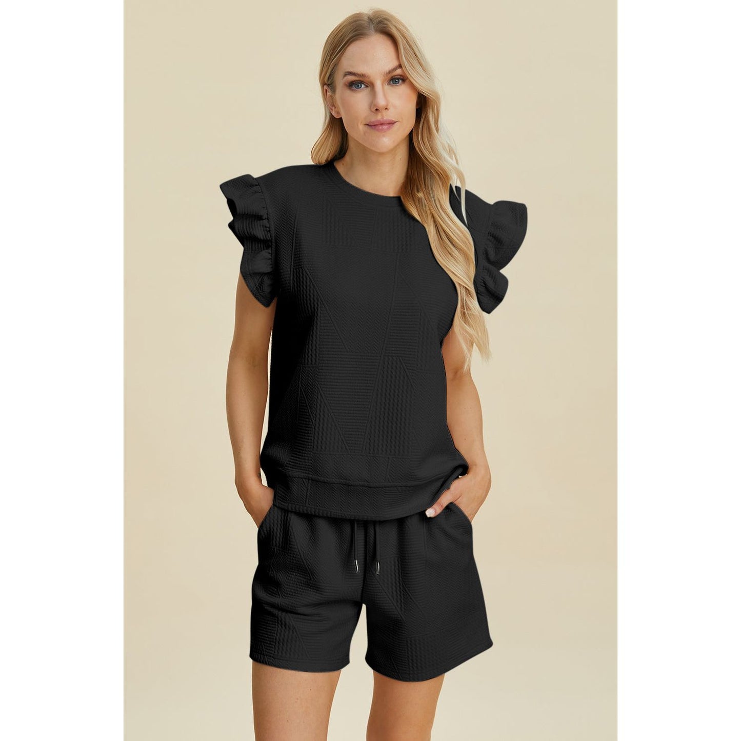 Double Take Full Size Texture Round Neck Ruffle Sleeve Top and Shorts Set