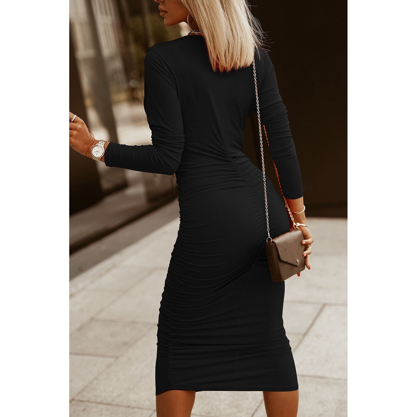 Ruched Surplice Long Sleeve Midi Dress