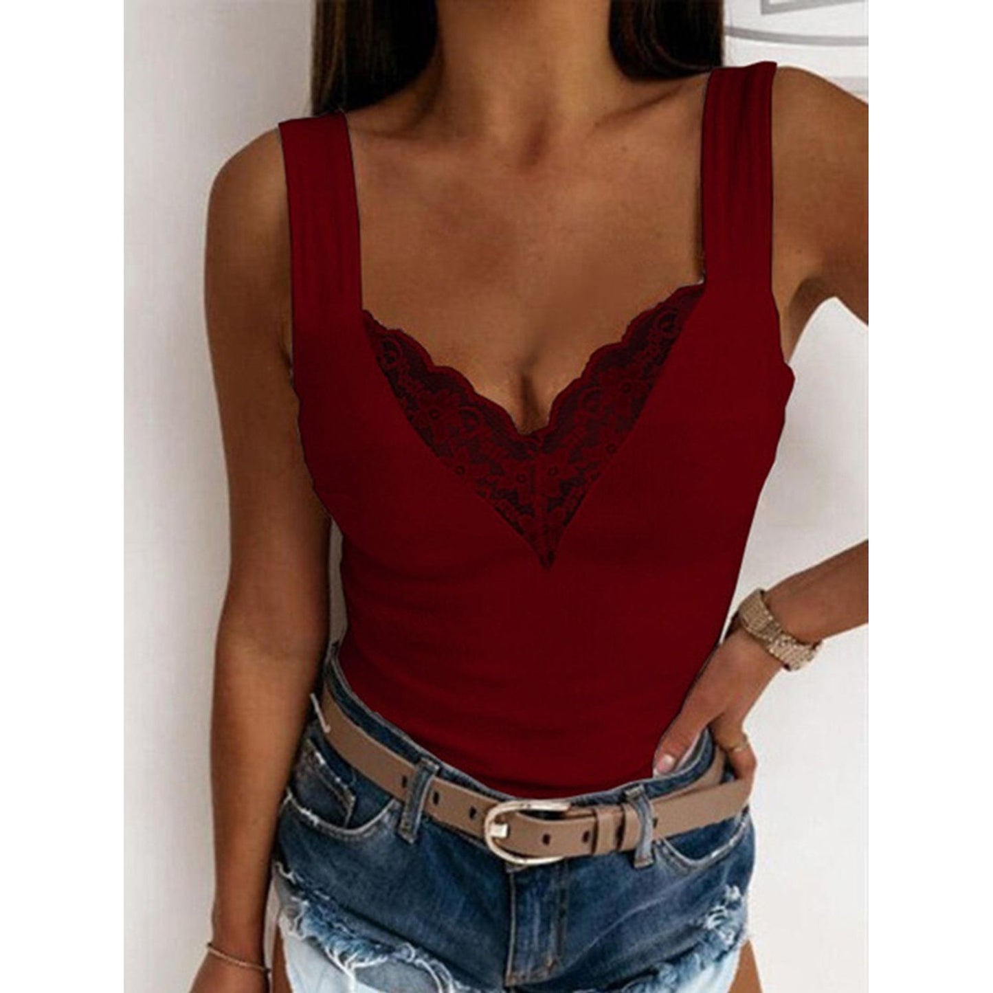 Full Size Lace Detail Sweetheart Neck Tank