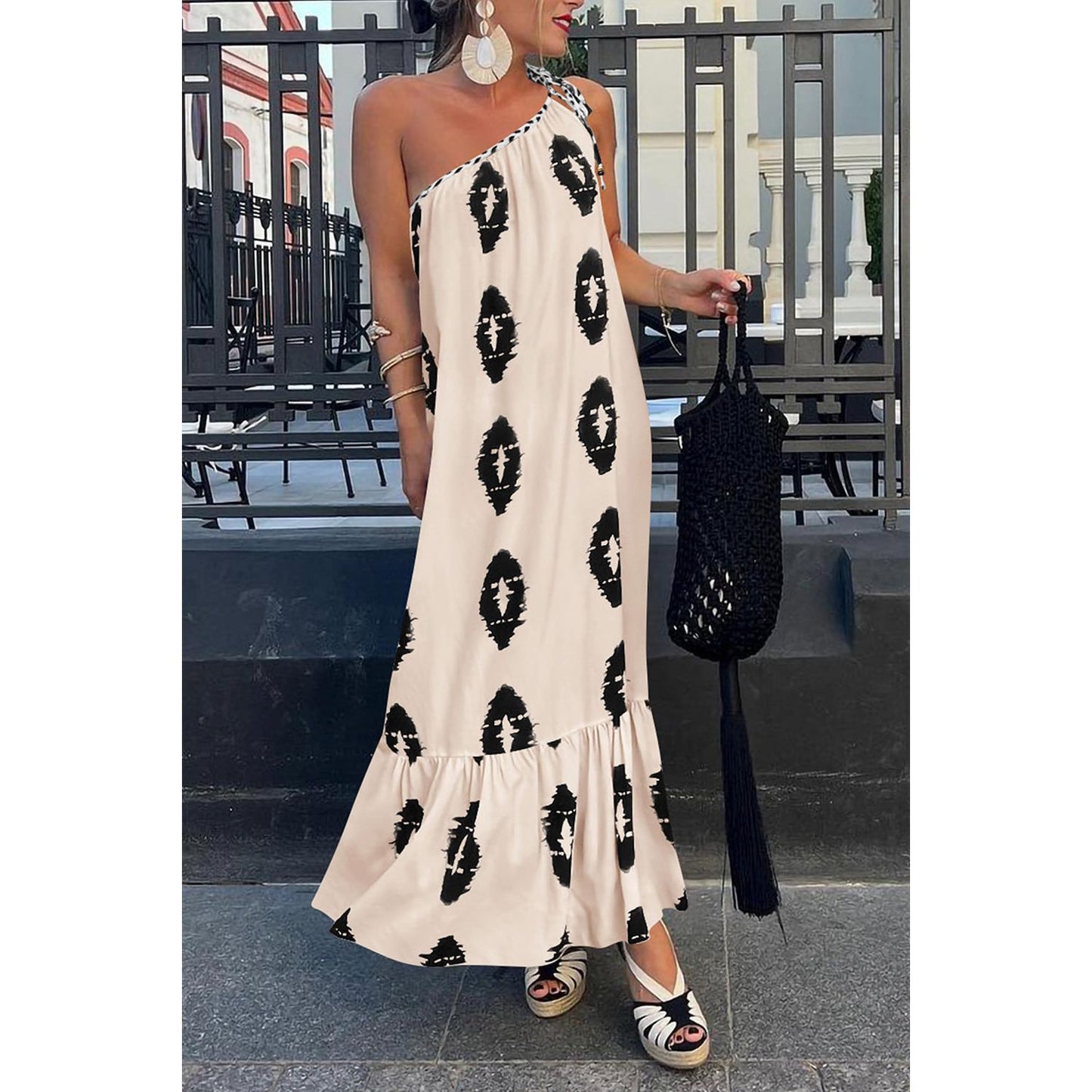 Printed Single Shoulder Maxi Dress