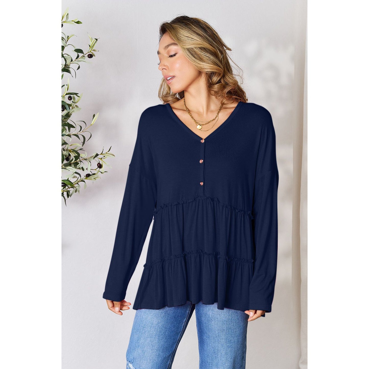 Double Take Half Button Long Sleeve Ruffle Hem Blouse