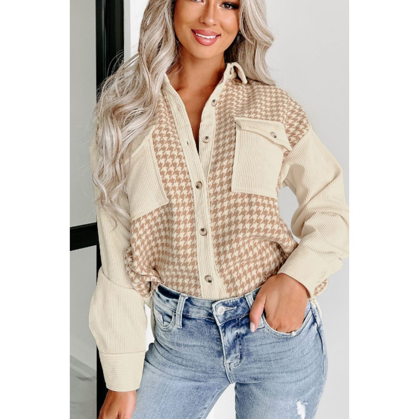 Houndstooth Button Up Long Sleeve Jacket