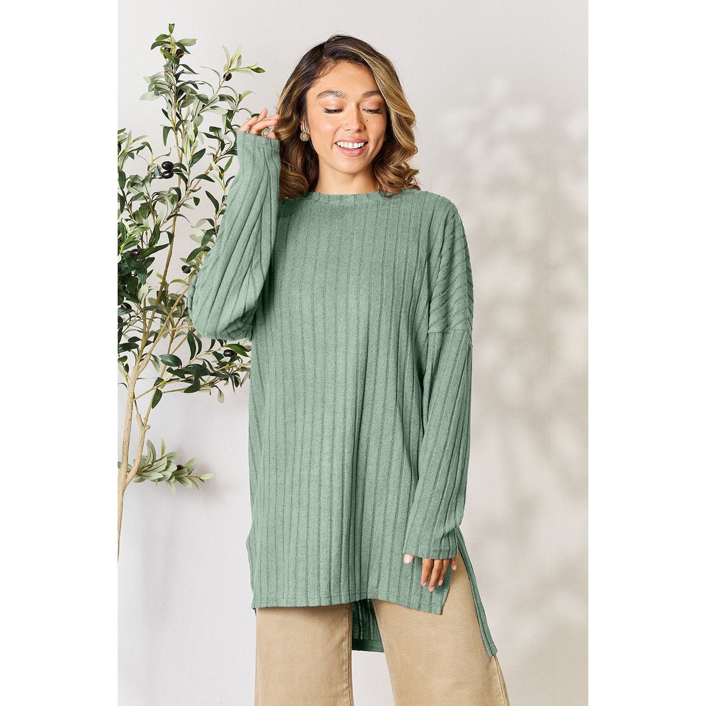 Basic Bae Full Size Ribbed Round Neck Long Sleeve Slit Top