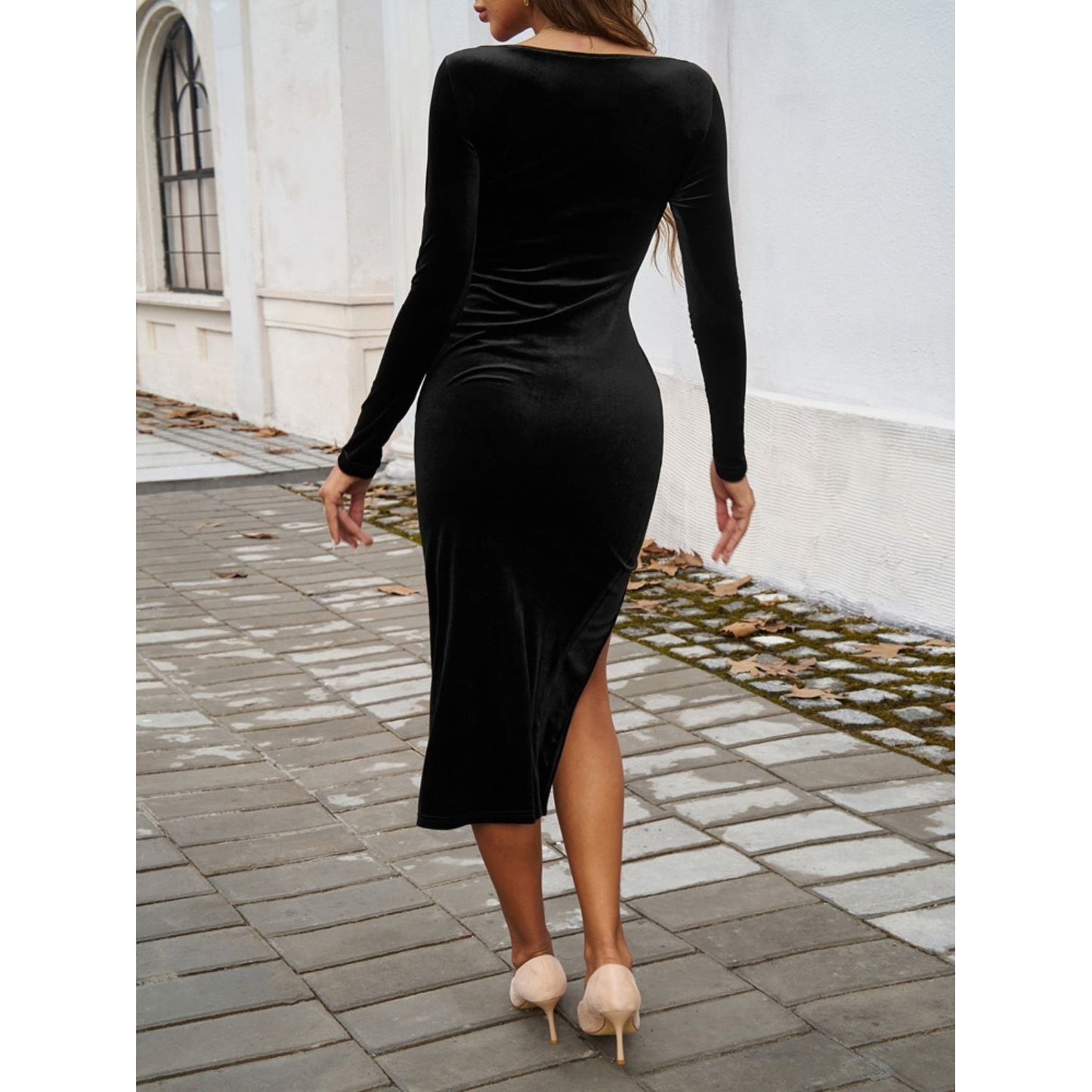 Devine Split Square Neck Long Sleeve Midi Dress