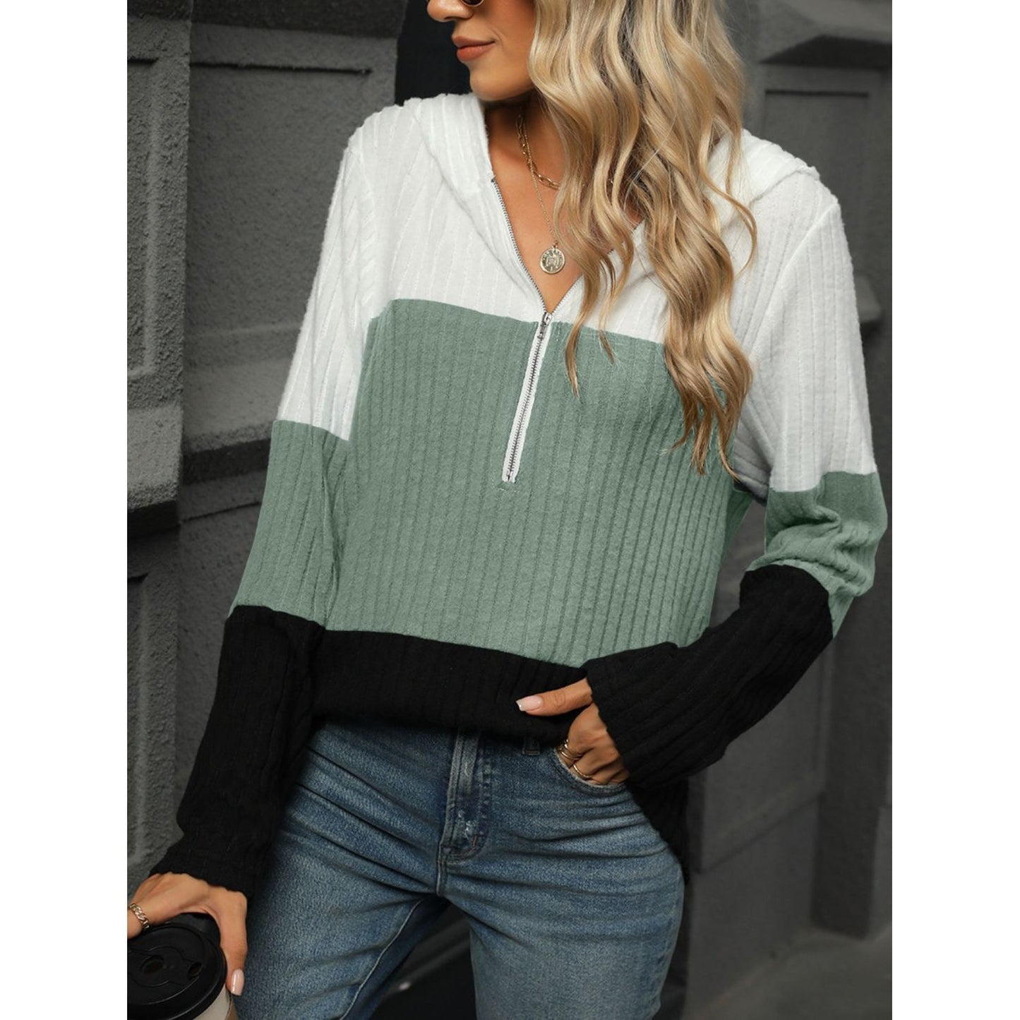 Color Block Hooded Long Sleeve T-Shirt