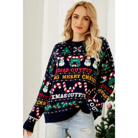 Christmas Print Crewneck Dropped Shoulder Sweater