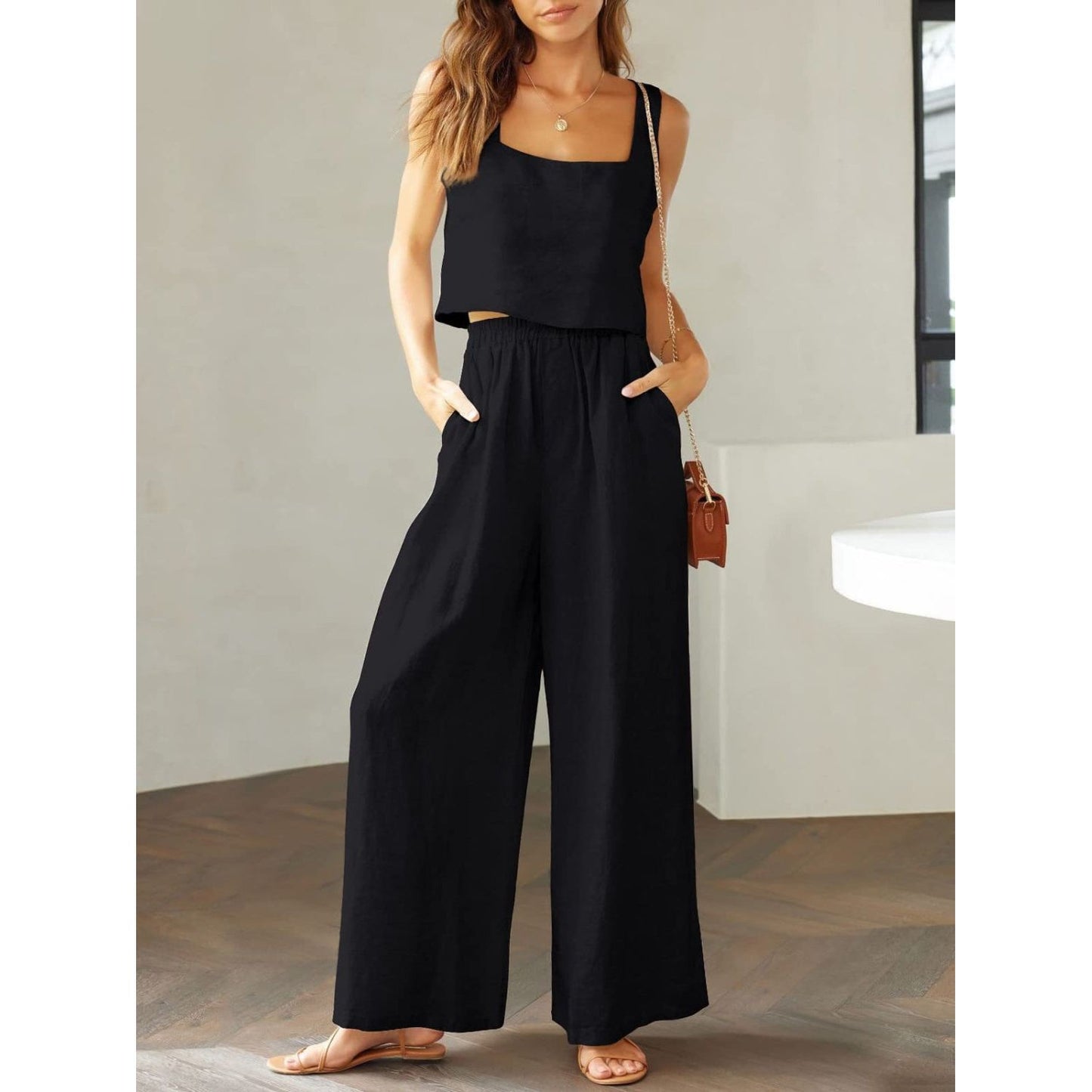 Square Neck Top and Wide Leg Pants Set