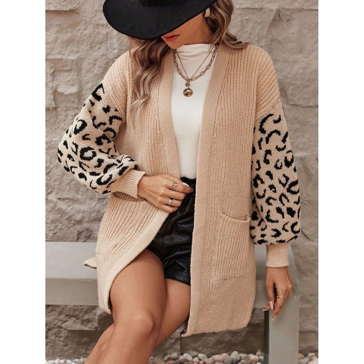 Pocketed Leopard Open Front Cardigan