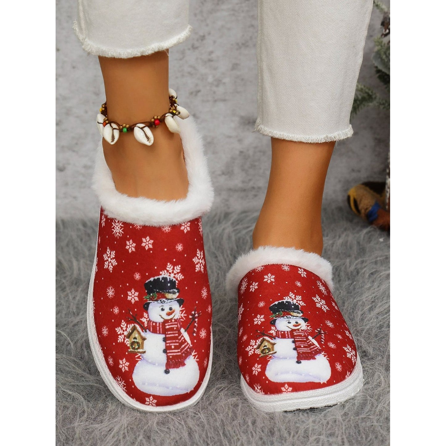 Snowman Print Flat Slippers with Faux Fur