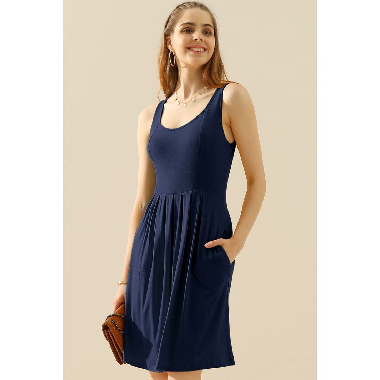 Doublju Full Size Round Neck Ruched Sleeveless Dress with Pockets