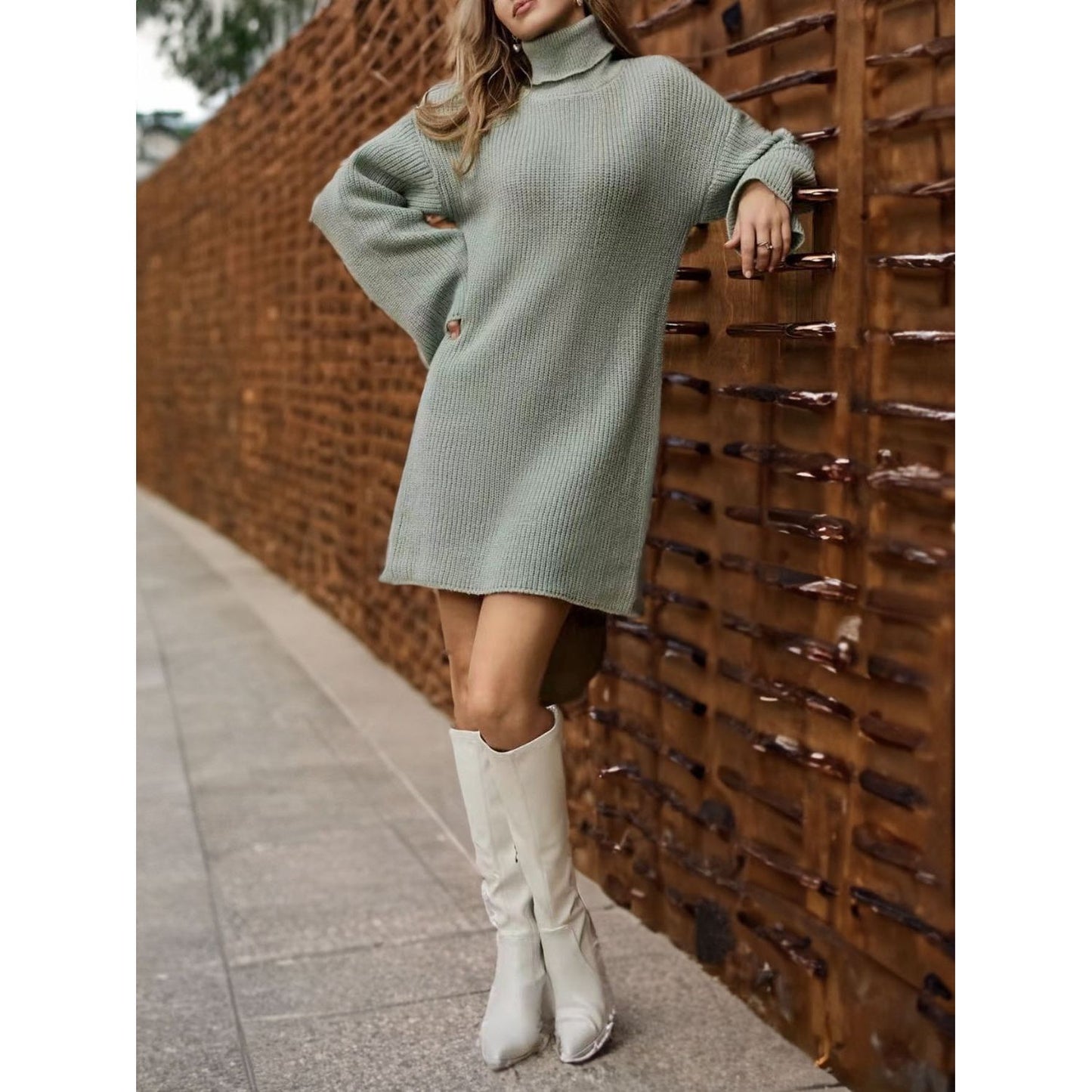 Turtleneck Dropped Shoulder Sweater Dress