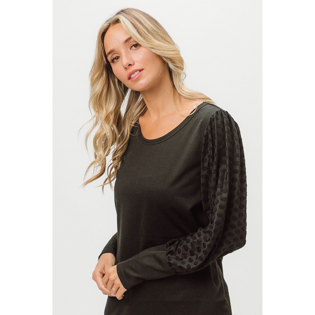 BiBi Round Neck Polka Dot Lantern Sleeve Top