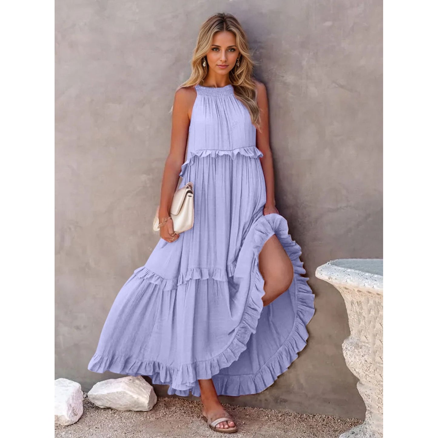 Ruffled Sleeveless Tiered Maxi Dress with Pockets