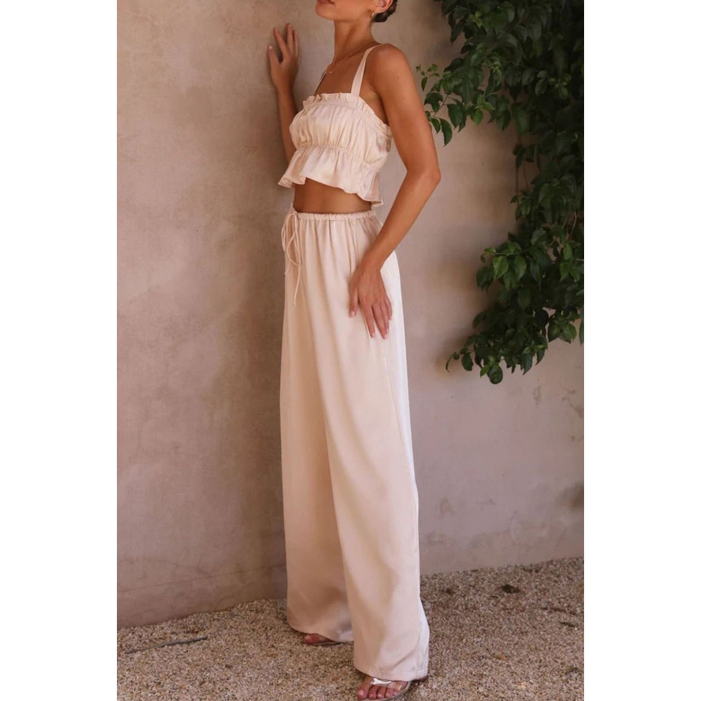 Ruffled Sleeveless Top and Wide Leg Pants Set