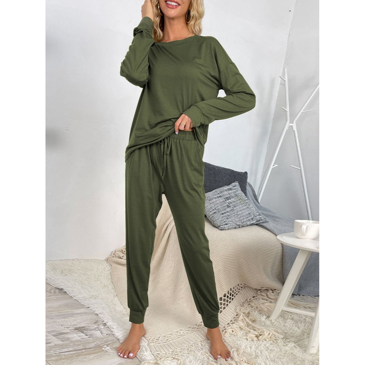 Shiny Round Neck Top and Drawstring Pants Lounge Set