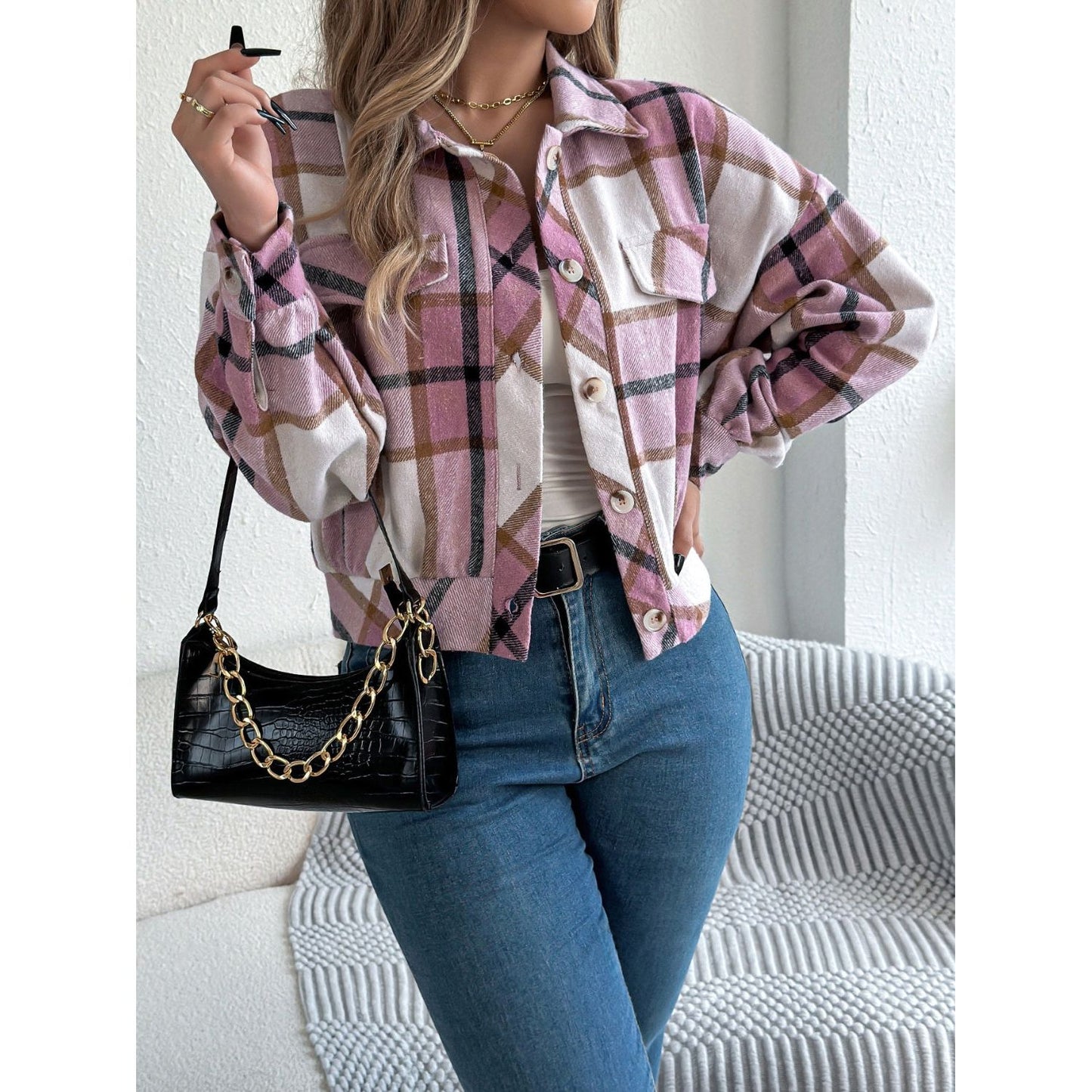 Plaid Button Up Long Sleeve Jacket