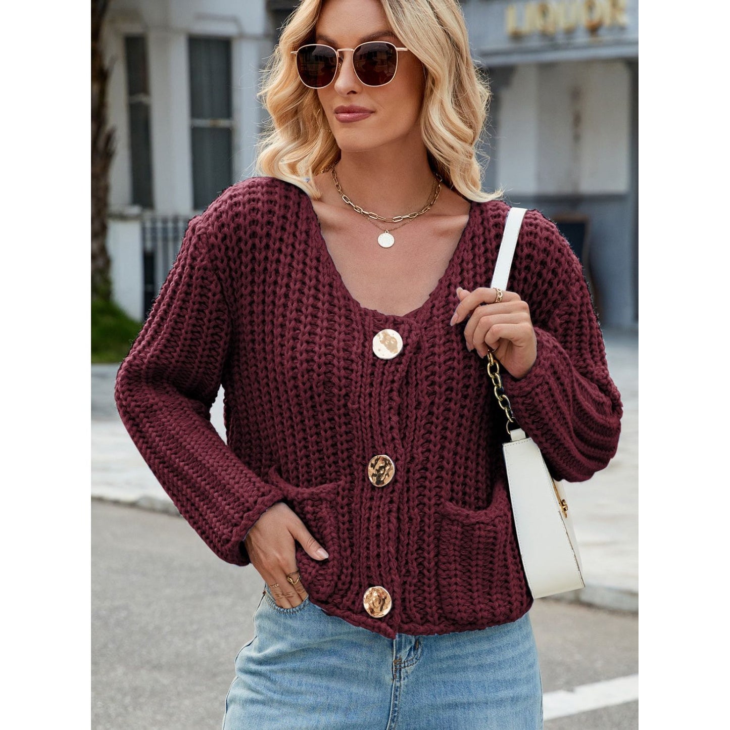 Round Neck Button Up Cardigan with Pockets