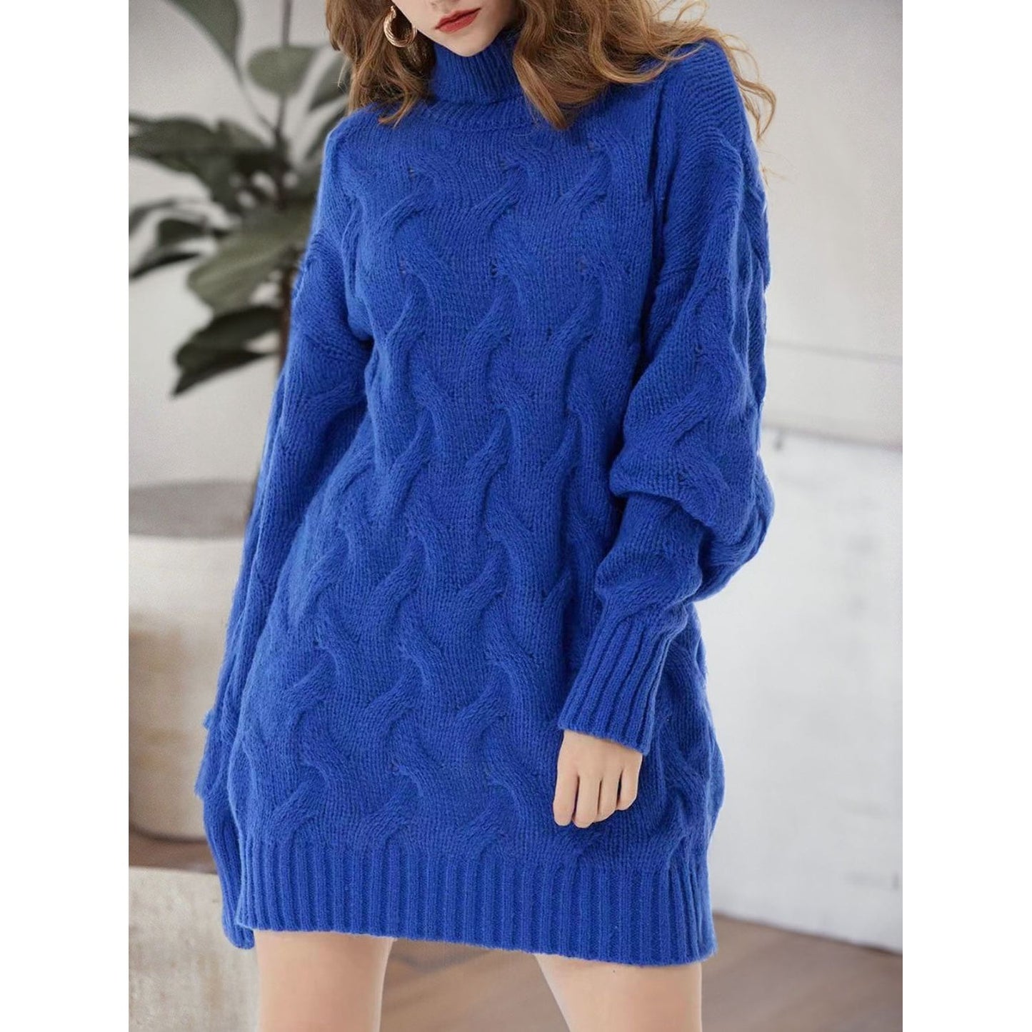 Cable-Knit Turtleneck Sweater Dress