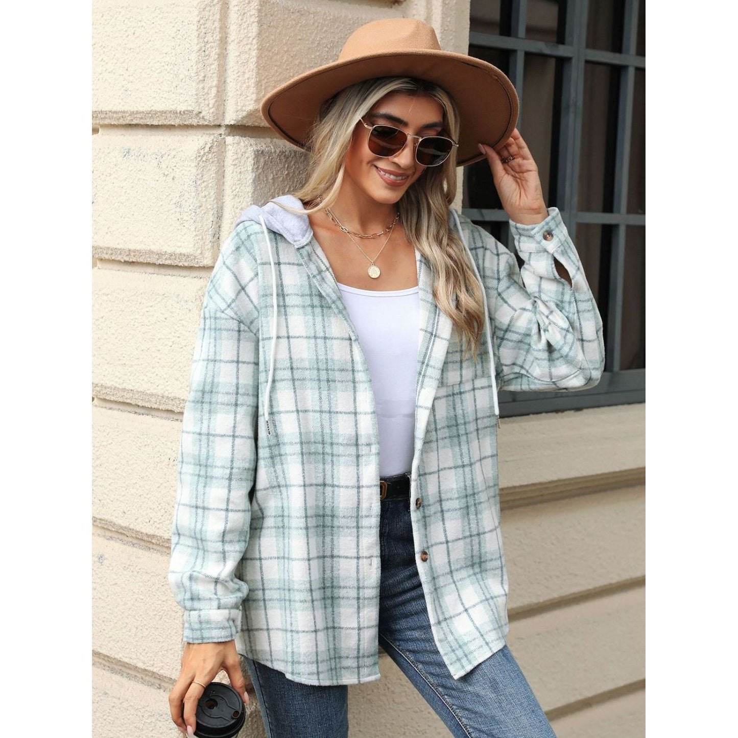 Drawstring Plaid Button Up Hooded Jacket