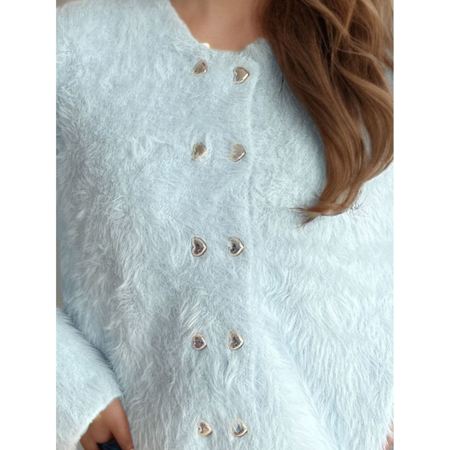 Heart Button Round Neck Cardigan