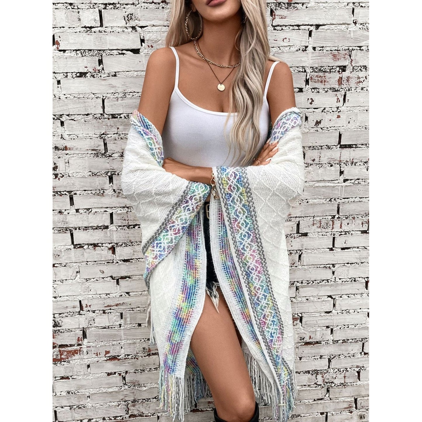 Fringe Half Sleeve Hooded Poncho