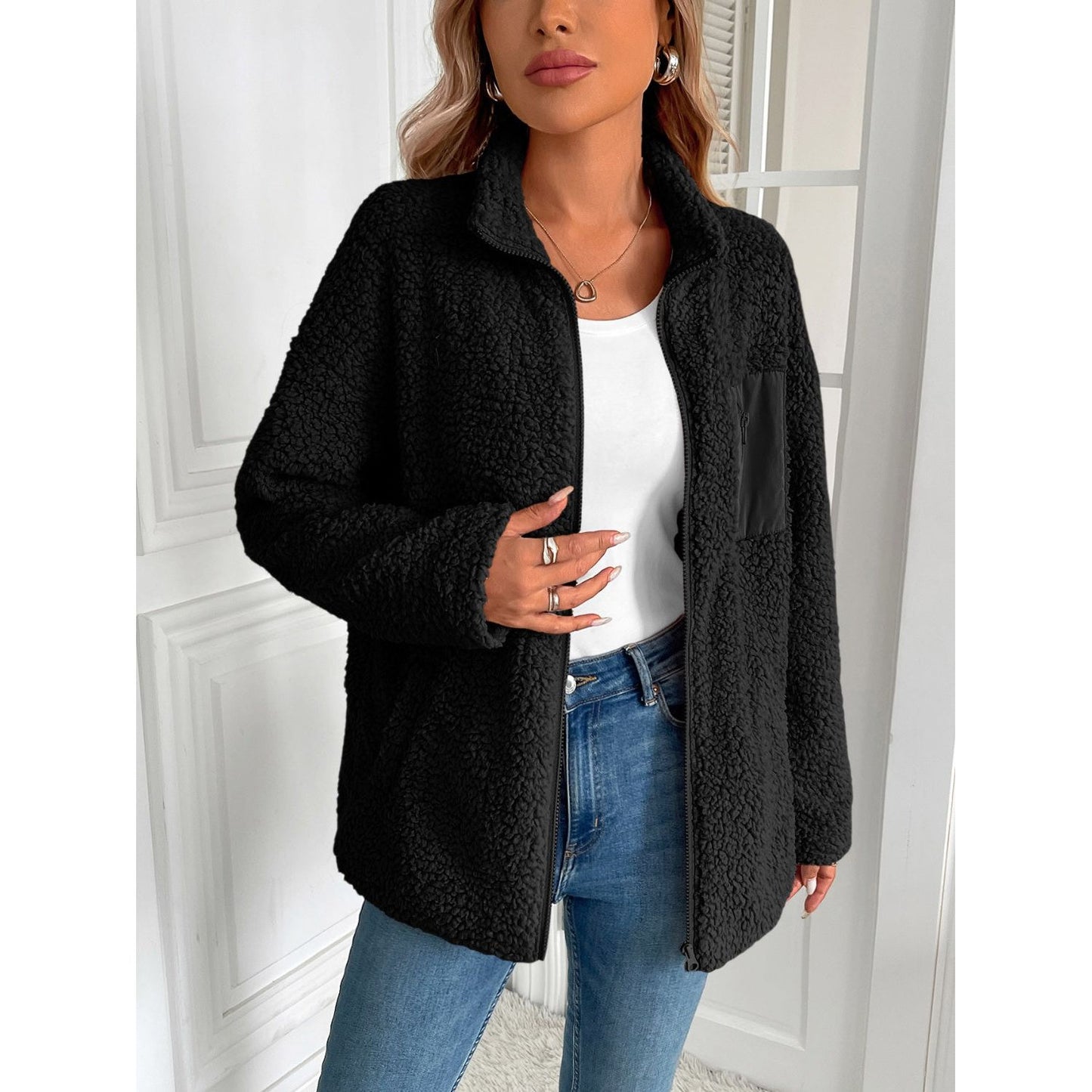 Ivy Lane Zip Up Long Sleeve Fuzzy Jacket