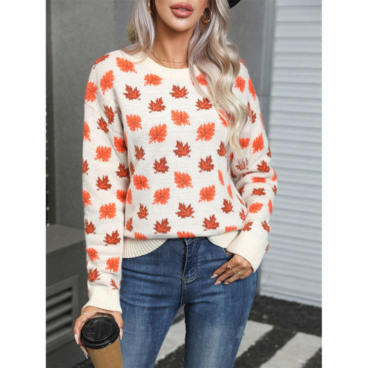 Angel Wings Maple Leaf Round Neck Long Sleeve Sweater