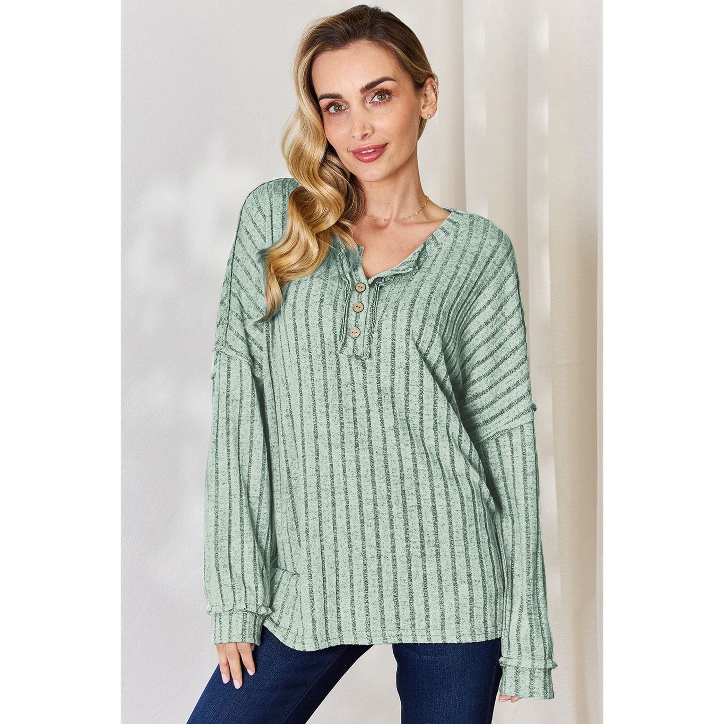 Basic Bae Full Size Ribbed Half Button Long Sleeve T-Shirt