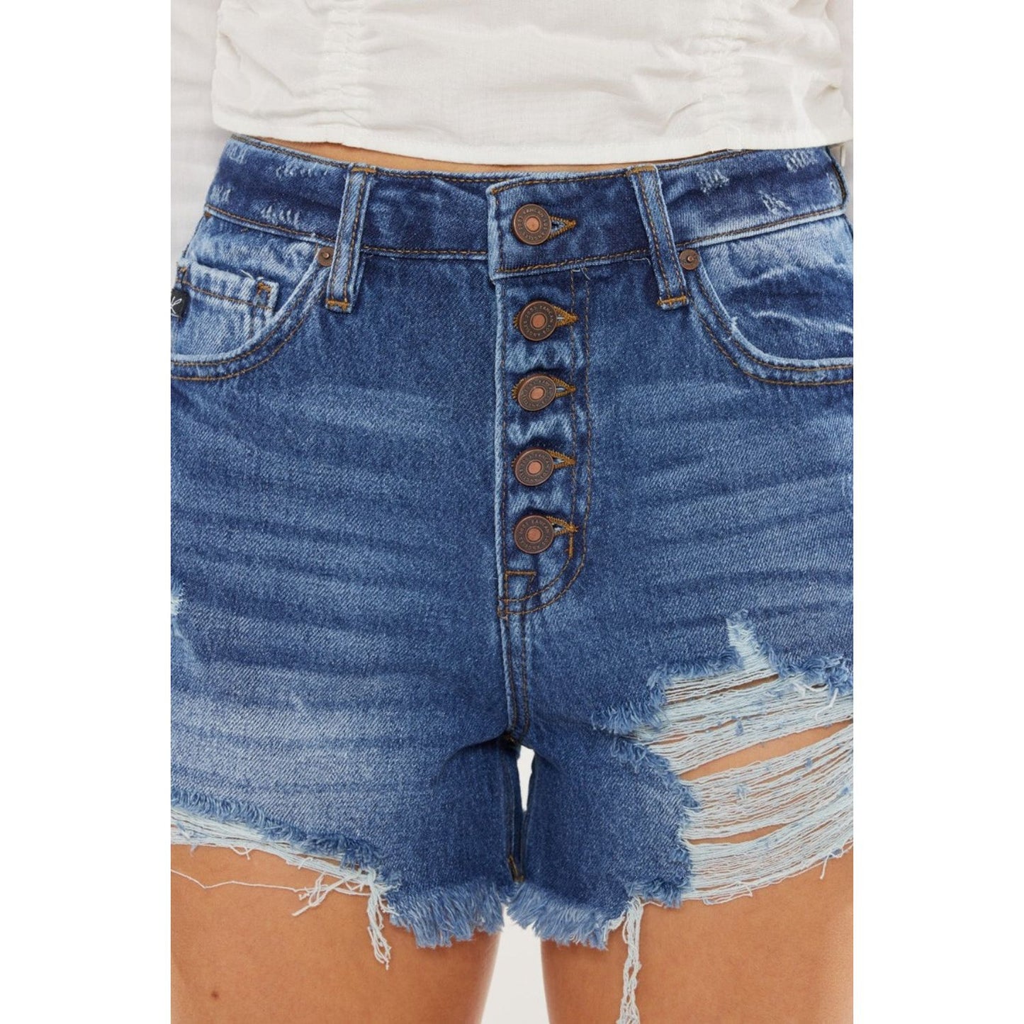 Kancan Distressed Button-Fly High Waist Denim Shorts