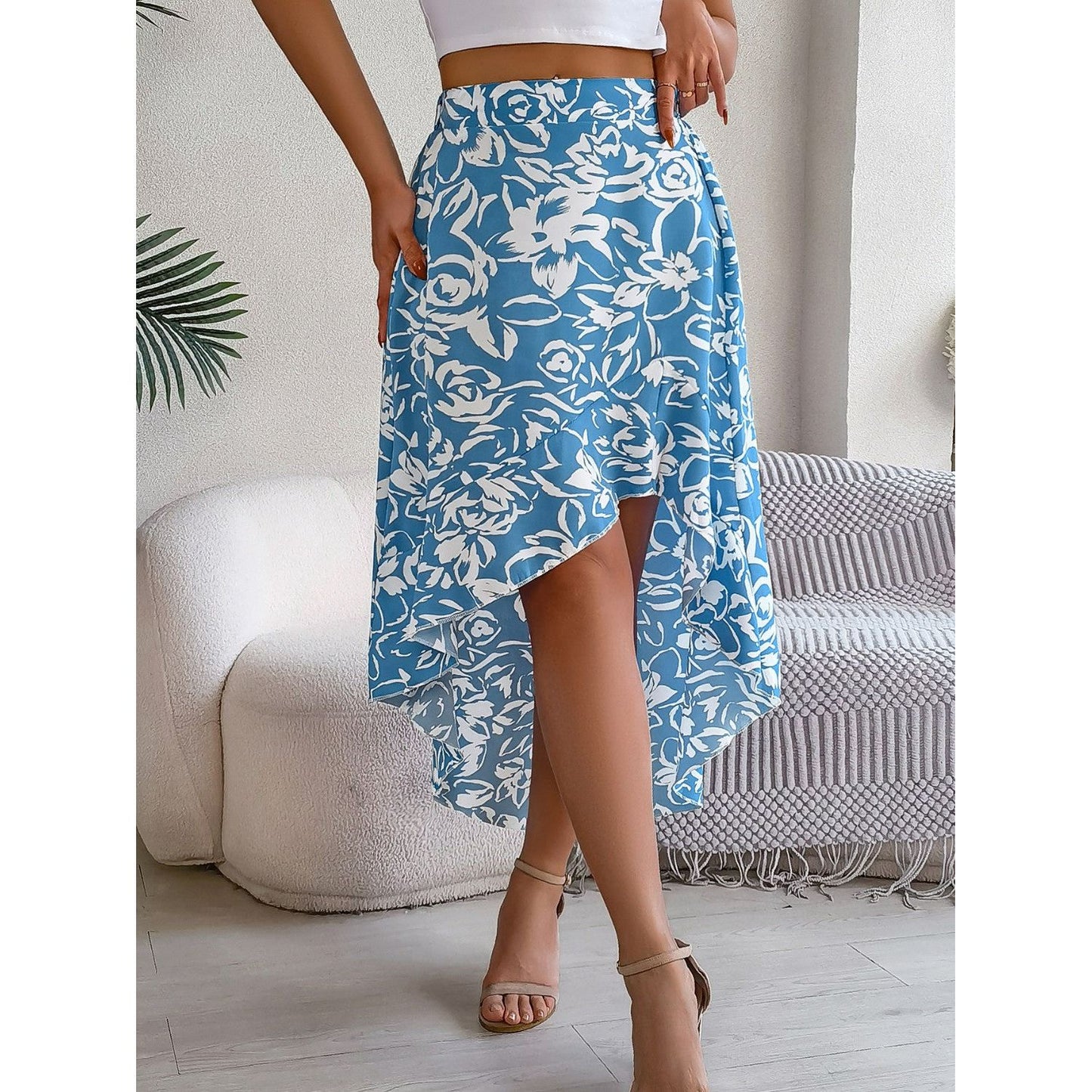 High-Low Printed High Waist Skirt