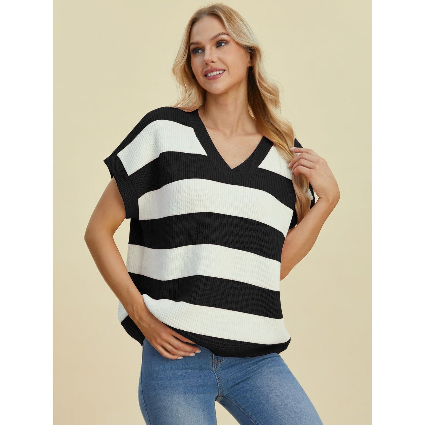 Double Take Full Size Striped V-Neck Short Sleeve Sweater