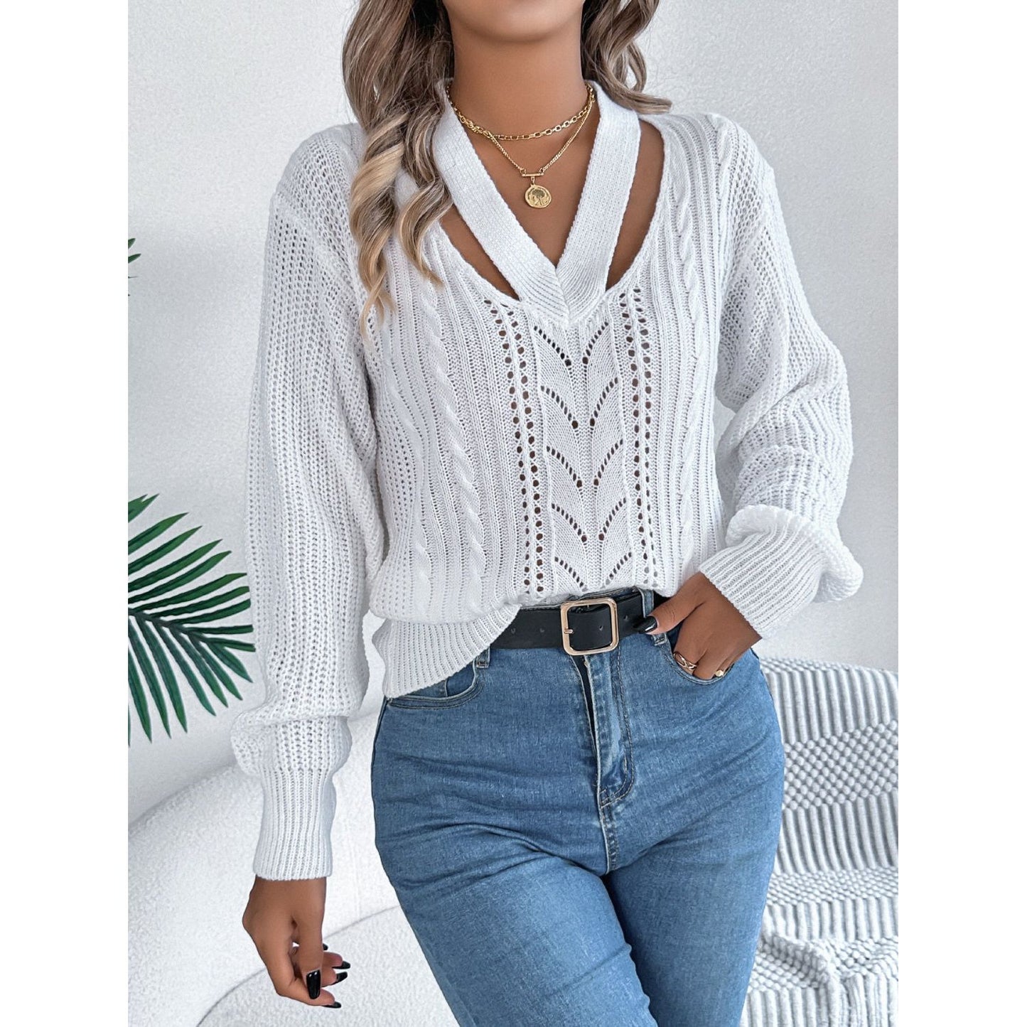 Cutout V-Neck Long Sleeve Sweater