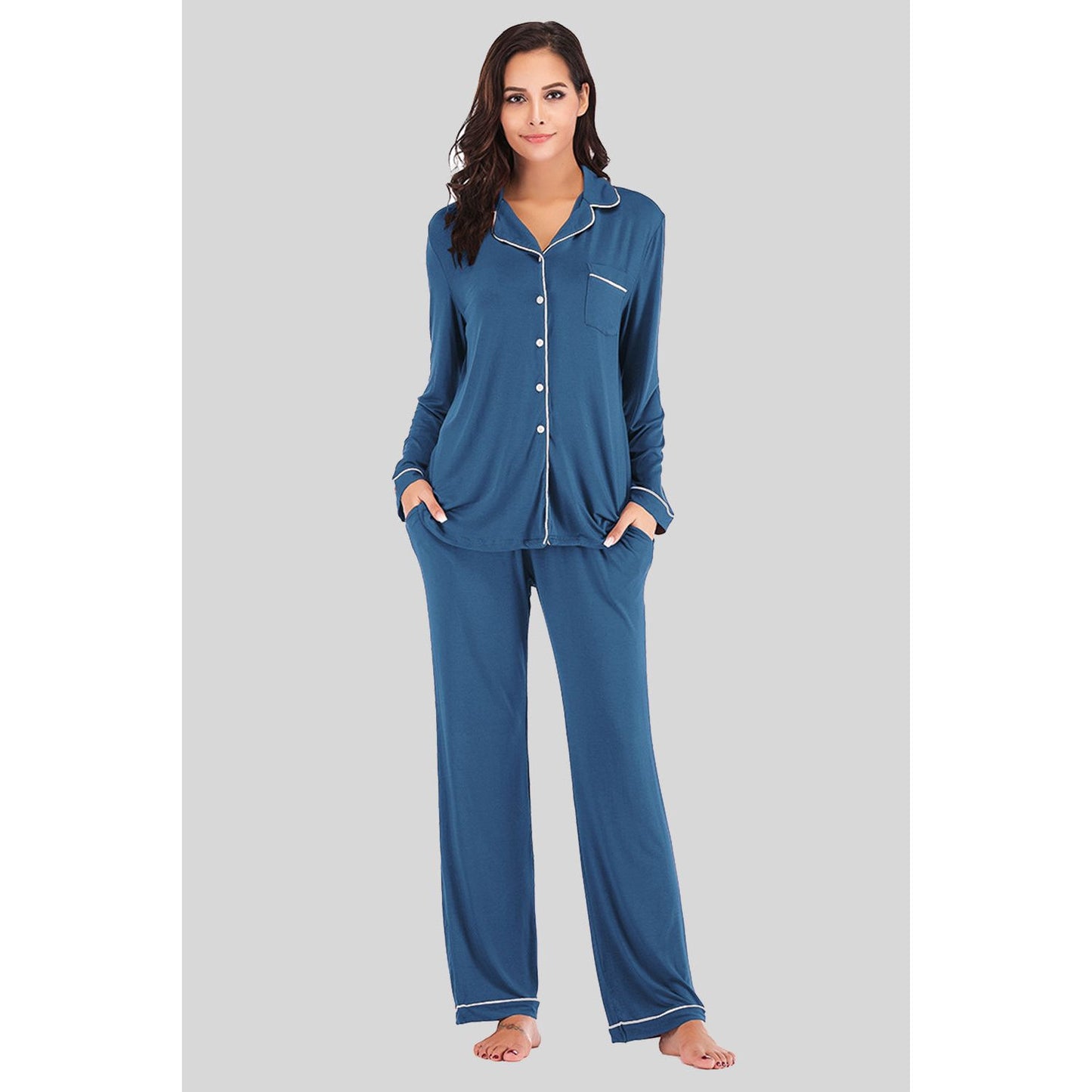 Collared Neck Long Sleeve Loungewear Set with Pockets