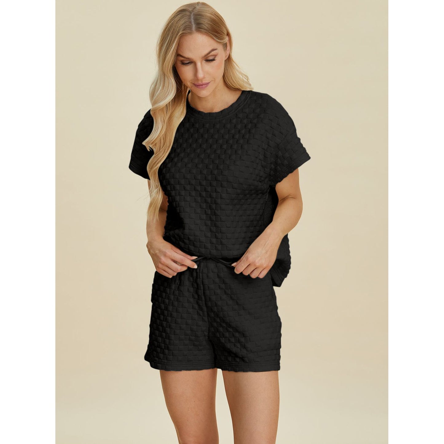 Double Take Full Size Texture T-Shirt and Shorts Set