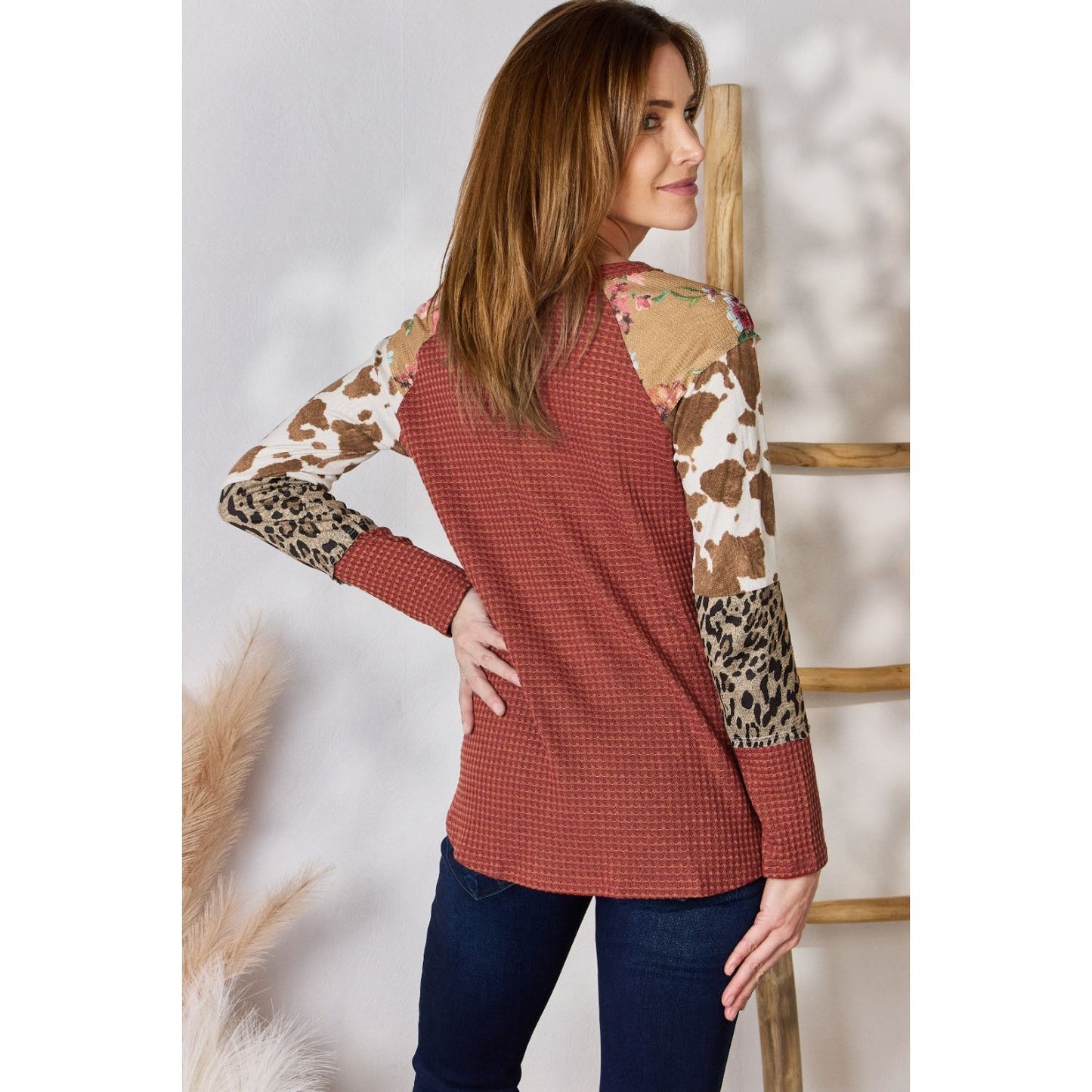 Hailey & Co Full Size Leopard Waffle-Knit Blouse