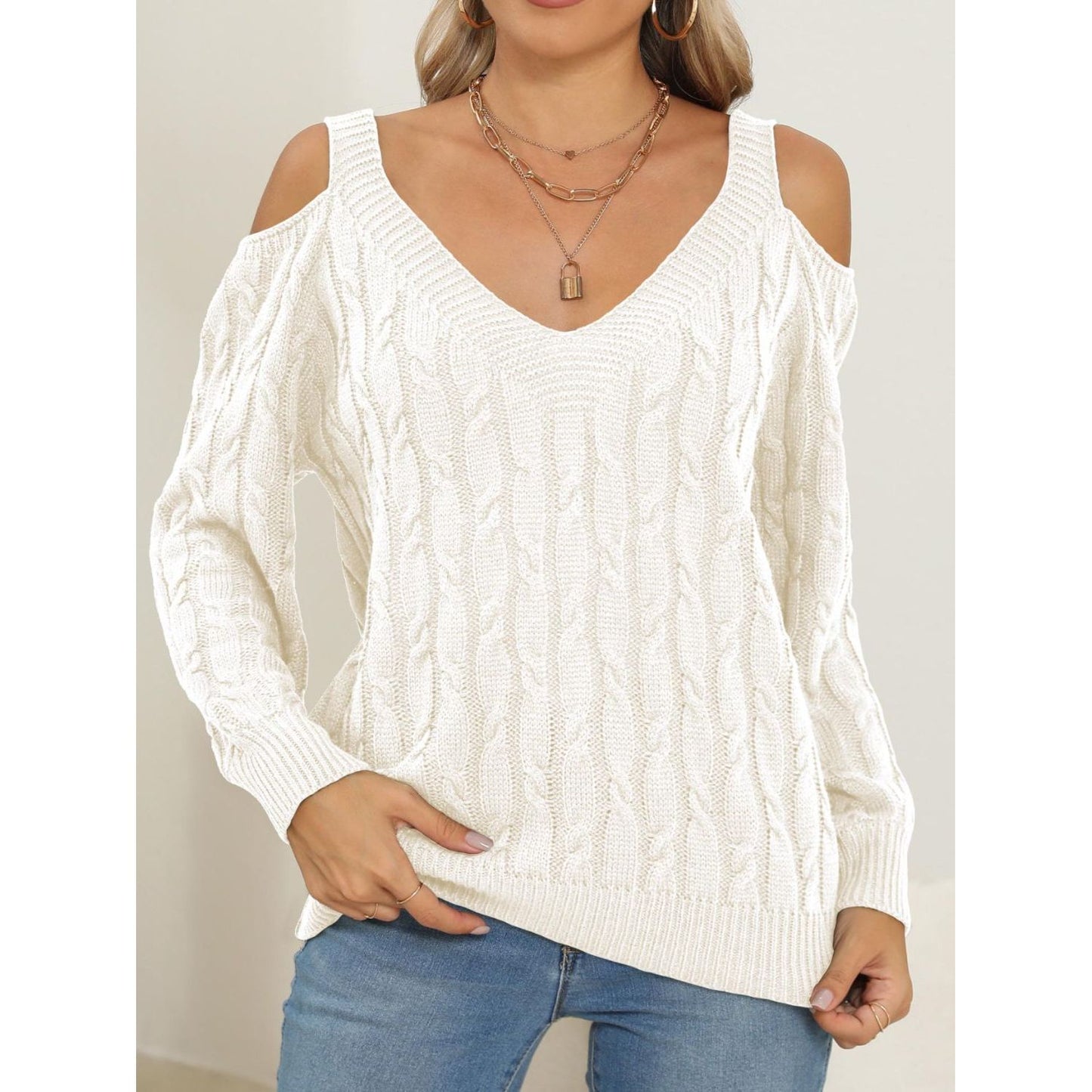 Cable-Knit V-Neck Long Sleeve Sweater