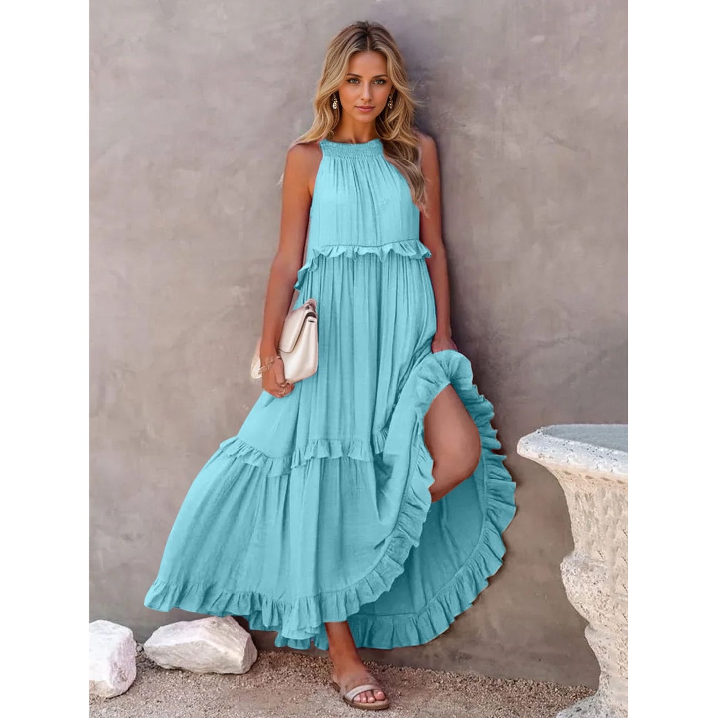 Ruffled Sleeveless Tiered Maxi Dress with Pockets