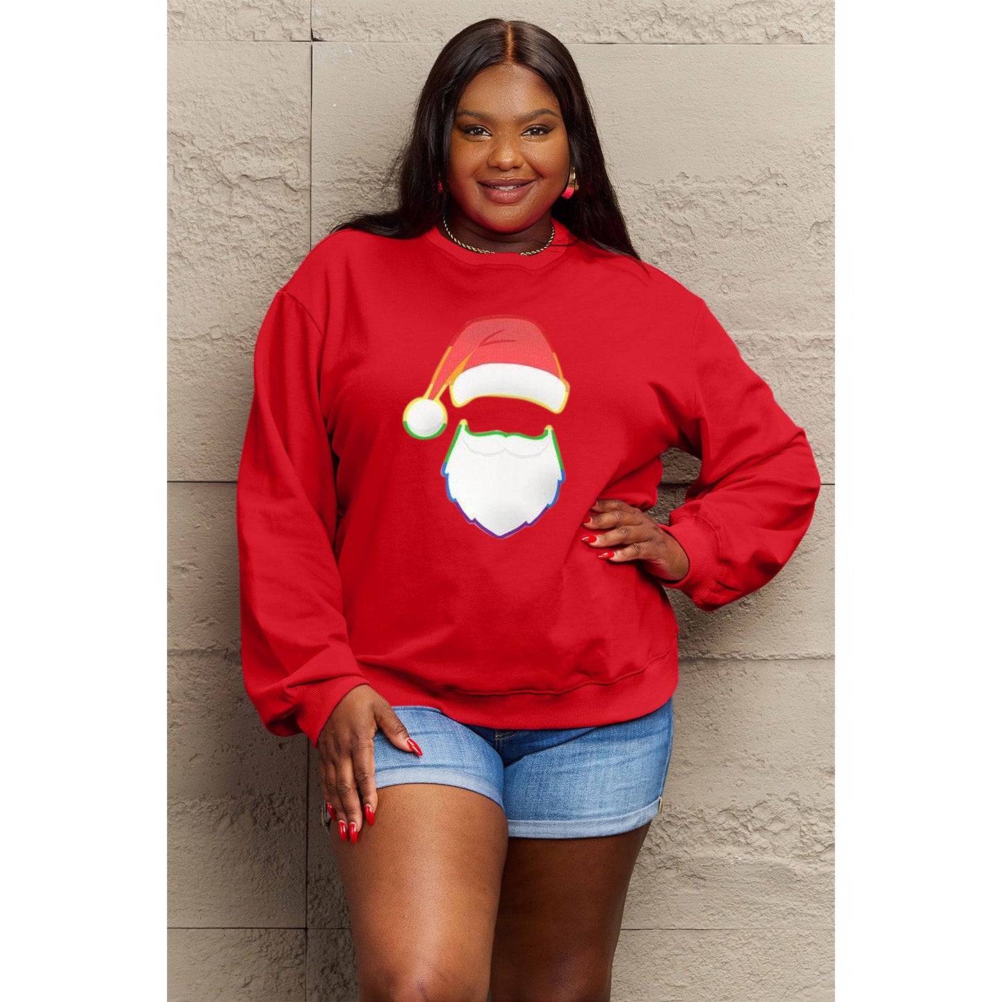 Simply Love Full Size Rainbow Santa Graphic Round Neck Sweatshirt