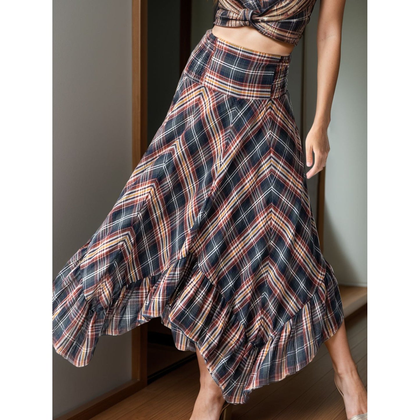 Plaid Asymmetrical Ruffle Hem Skirt