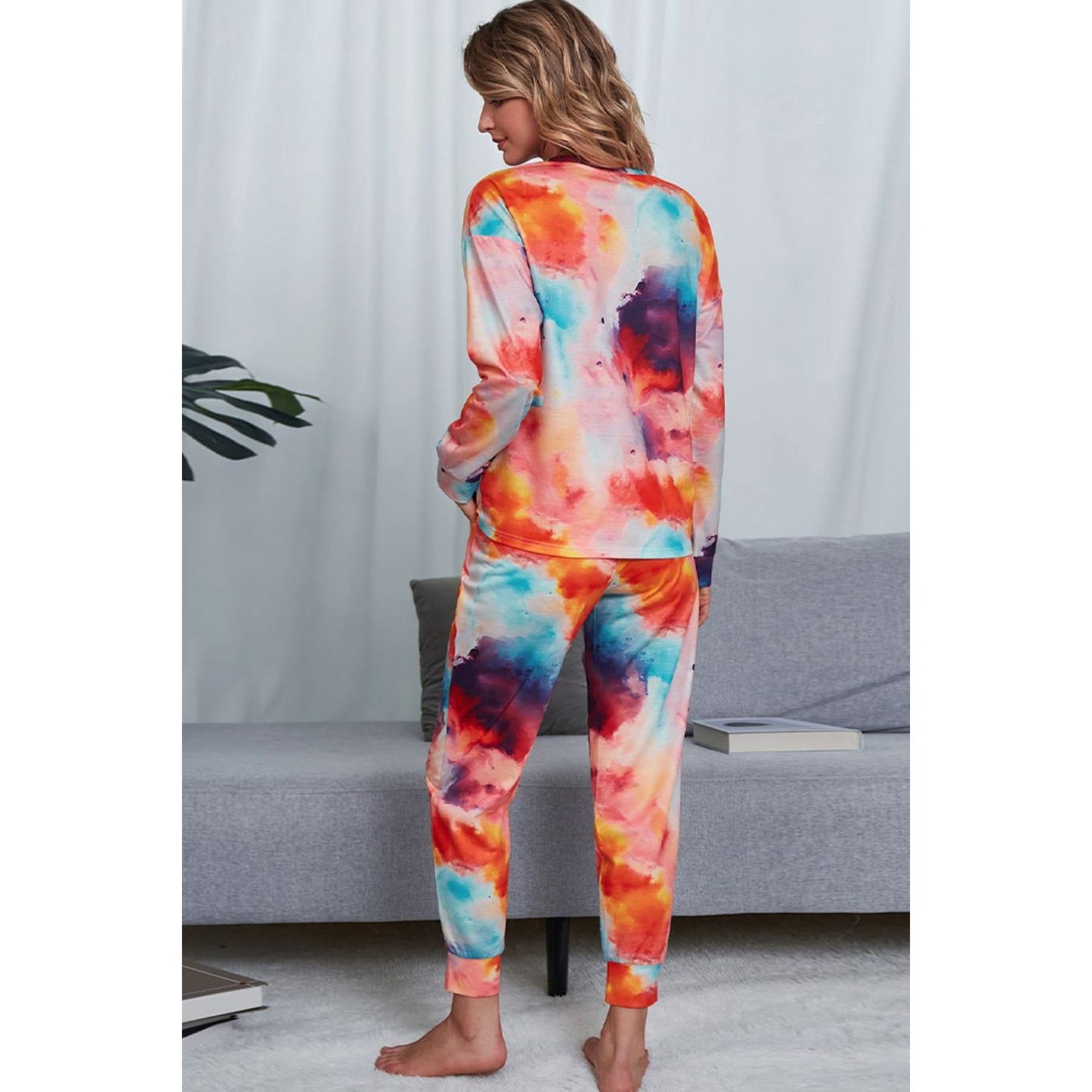 Shiny Tie-Dye Crewneck Top and Drawstring Waist Joggers Lounge Set