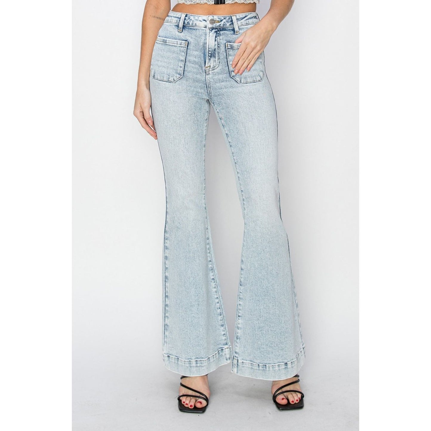 Risen Full Size High Rise Front Patch Pocket Flare Jeans